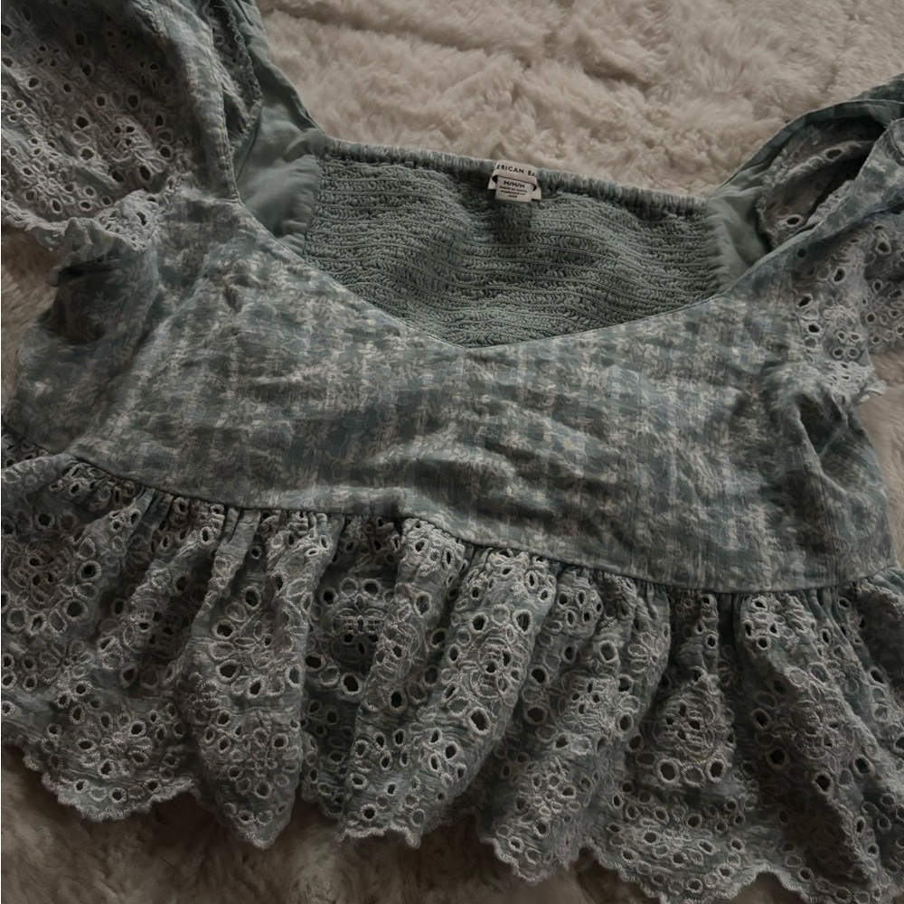 American Eagle Outfitters Black and Gray Ruffled Smocked Crop Top